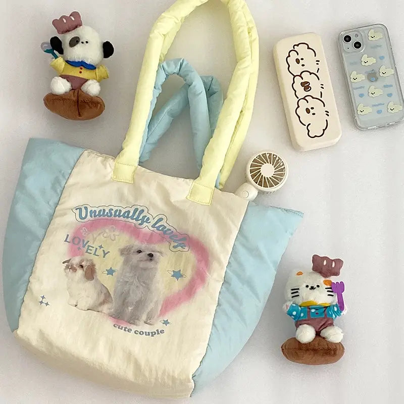 Winter Down Feeling Large Capacity Tote Bag Women's Puppy Print Shoulder Bag
