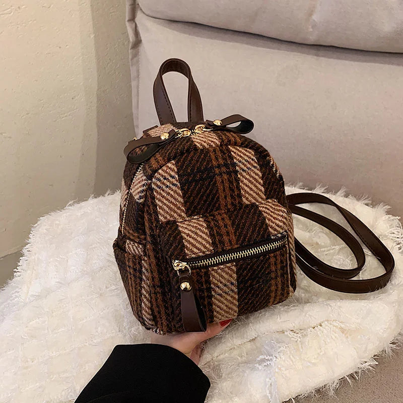 Winter Plaid Nylon Backpack Students Small Schoolbag Campus Stripe Style G