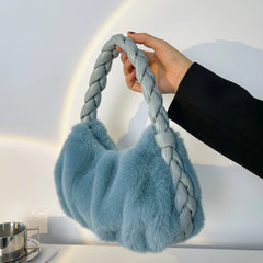 Women Vintage Faux Fur Crossbody Bag High Braided Tote Shopping Bolso