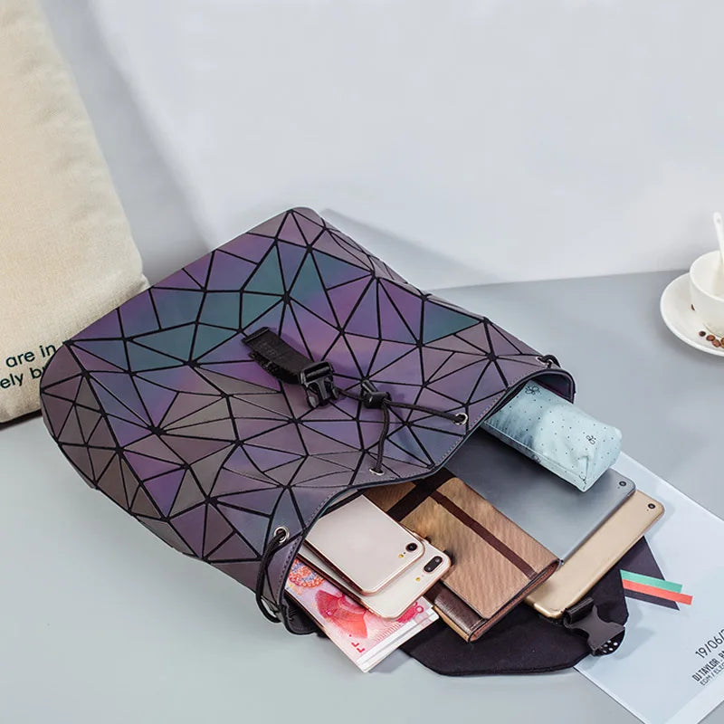 Geometric Plaid Women Backpack Teen School Bag Holographic Drawstring Bag