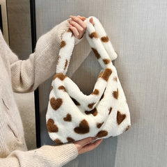 Flower Print Underarm Bag Soft Plush Pink Heart Shoulder Tote Warm Fluffy