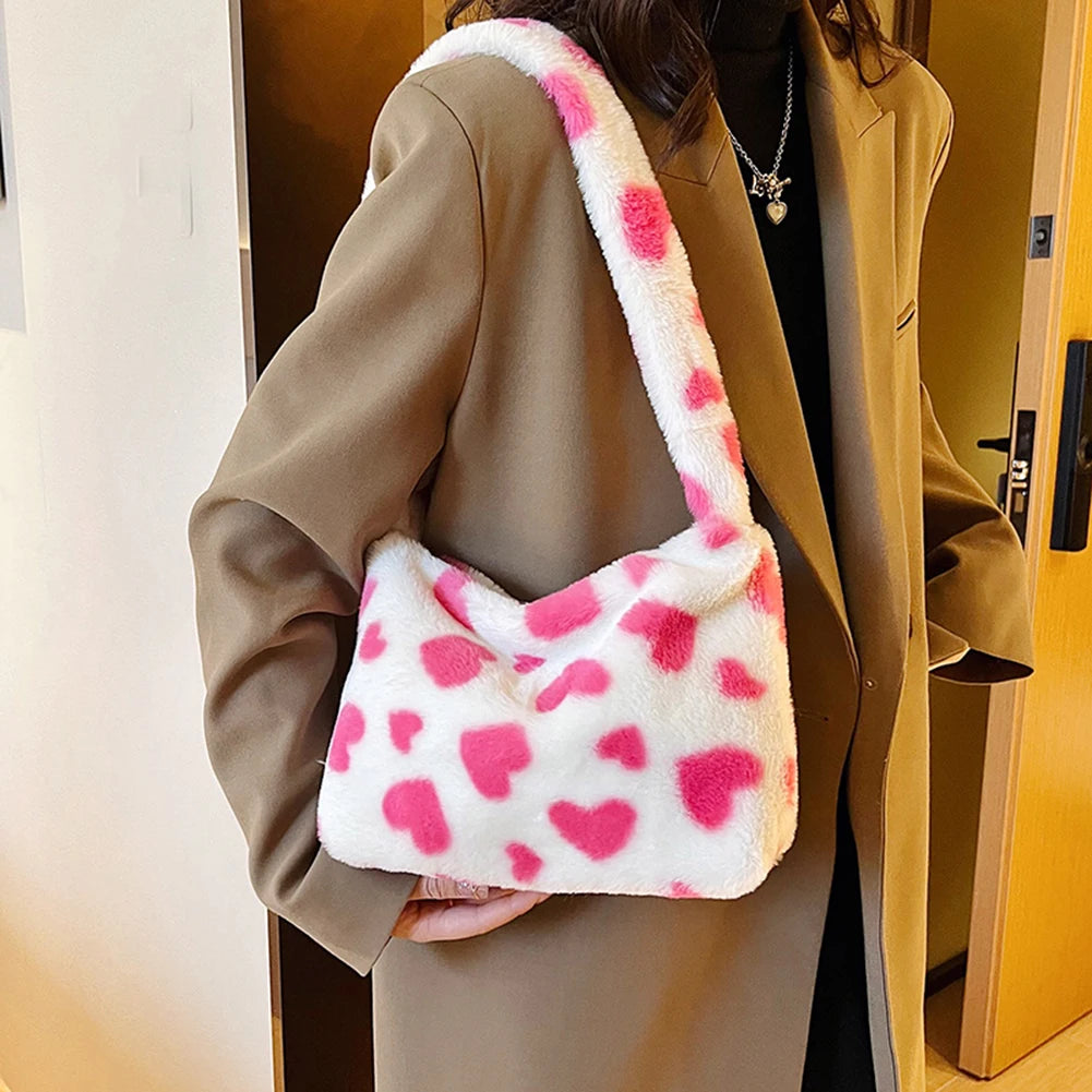 Flower Print Underarm Bag Soft Plush Pink Heart Shoulder Tote Warm Fluffy