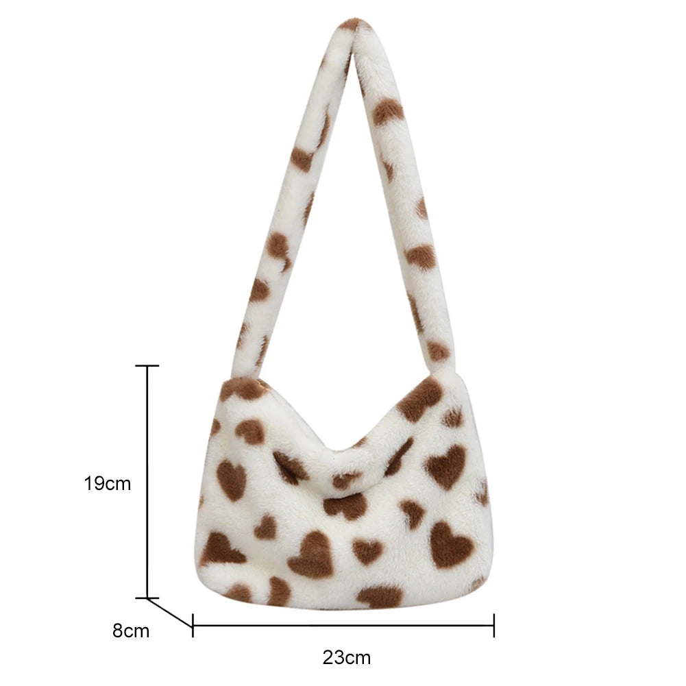 Flower Print Underarm Bag Soft Plush Pink Heart Shoulder Tote Warm Fluffy