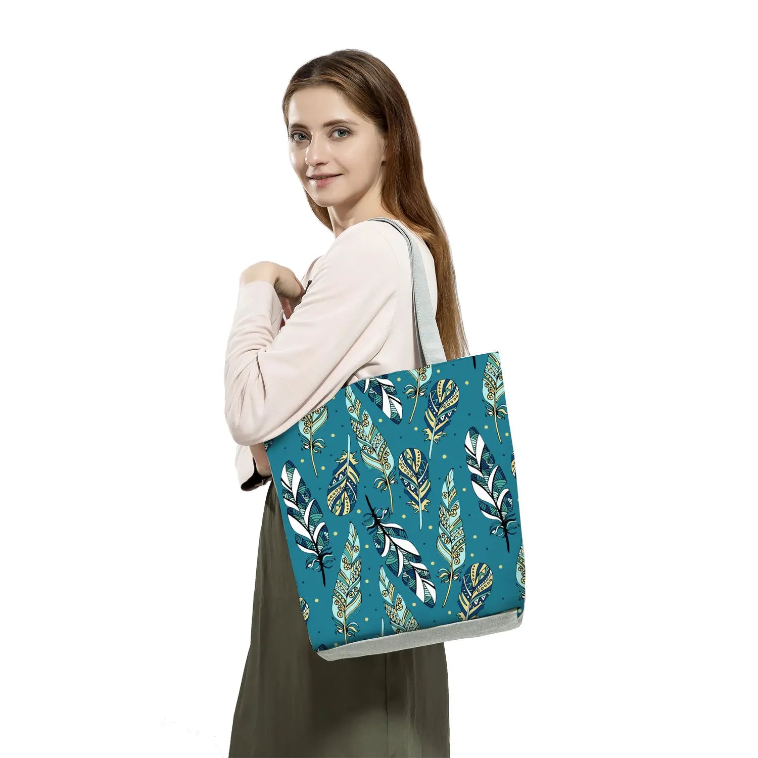 Women Casual Tote Feather Print Handbag High Capacity Travel Shoulder Bag