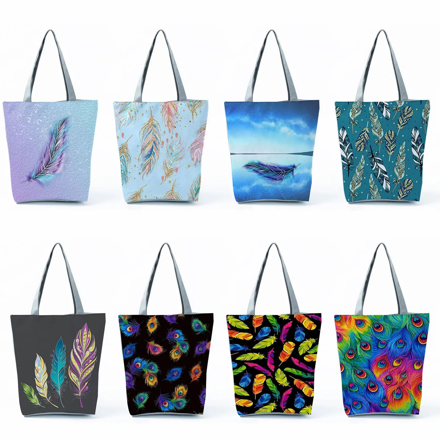 Women Casual Tote Feather Print Handbag High Capacity Travel Shoulder Bag