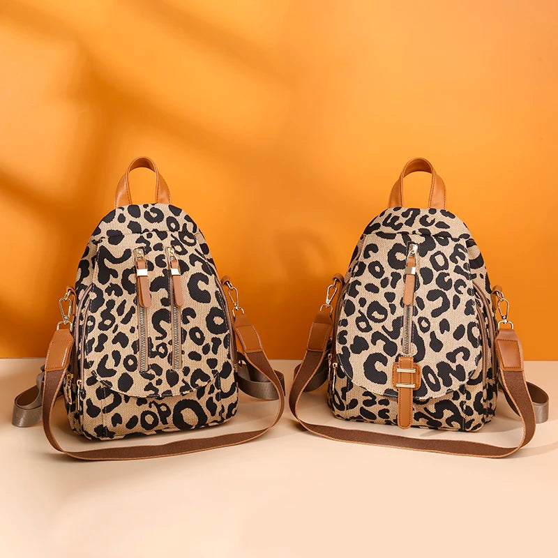 Leather Backpack Shoulder Bags Leopard Print School Travel Girls