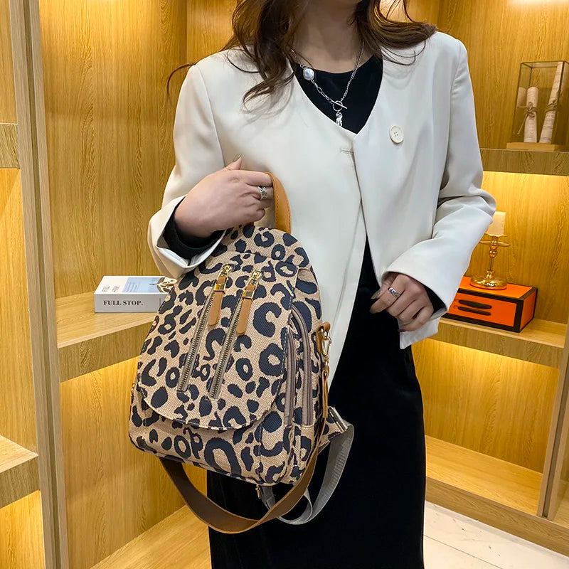 Leather Backpack Shoulder Bags Leopard Print School Travel Girls