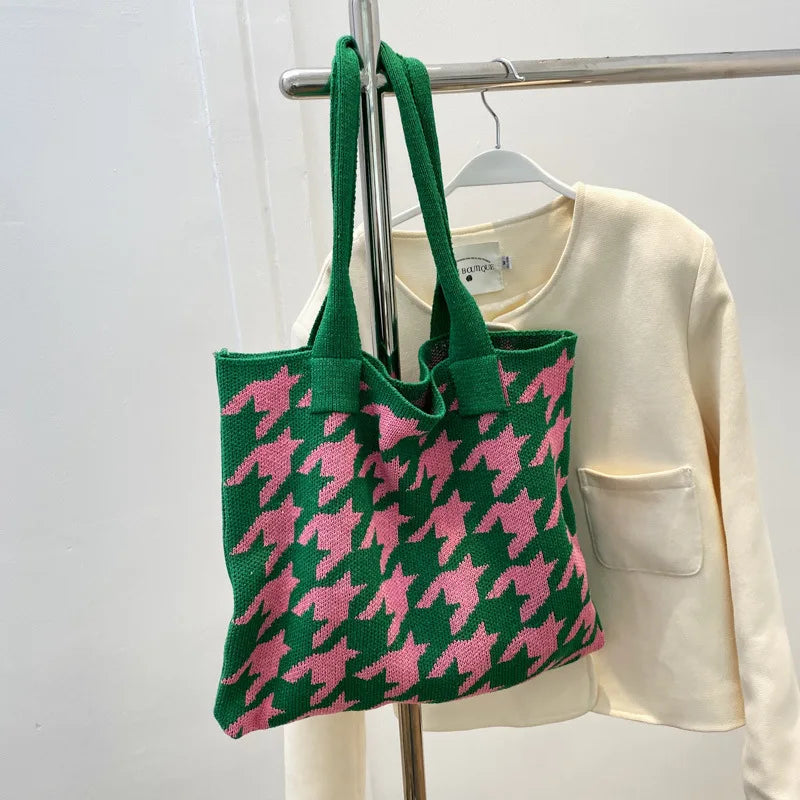 Houndstooth Print Shoulder Bag Knitting Handbag Tote Bag