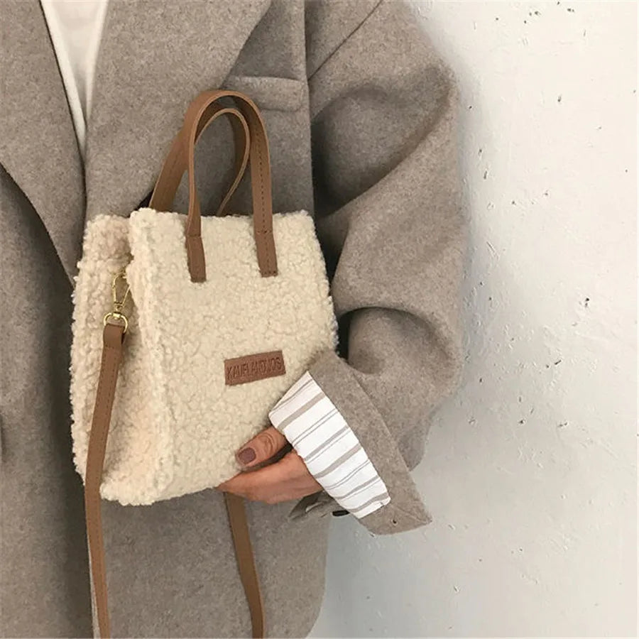 Women Winter Shoulder Bag Lamb Wool Warm Soft Autumn Ins Square Cross-body Beige