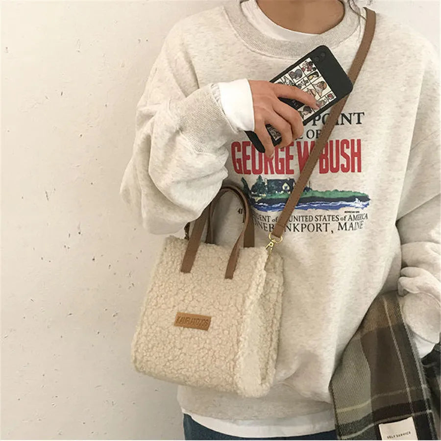 Women Winter Shoulder Bag Lamb Wool Warm Soft Autumn Ins Square Cross-body Beige