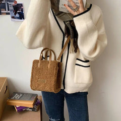 Women Winter Shoulder Bag Lamb Wool Warm Soft Autumn Ins Square Cross-body Beige