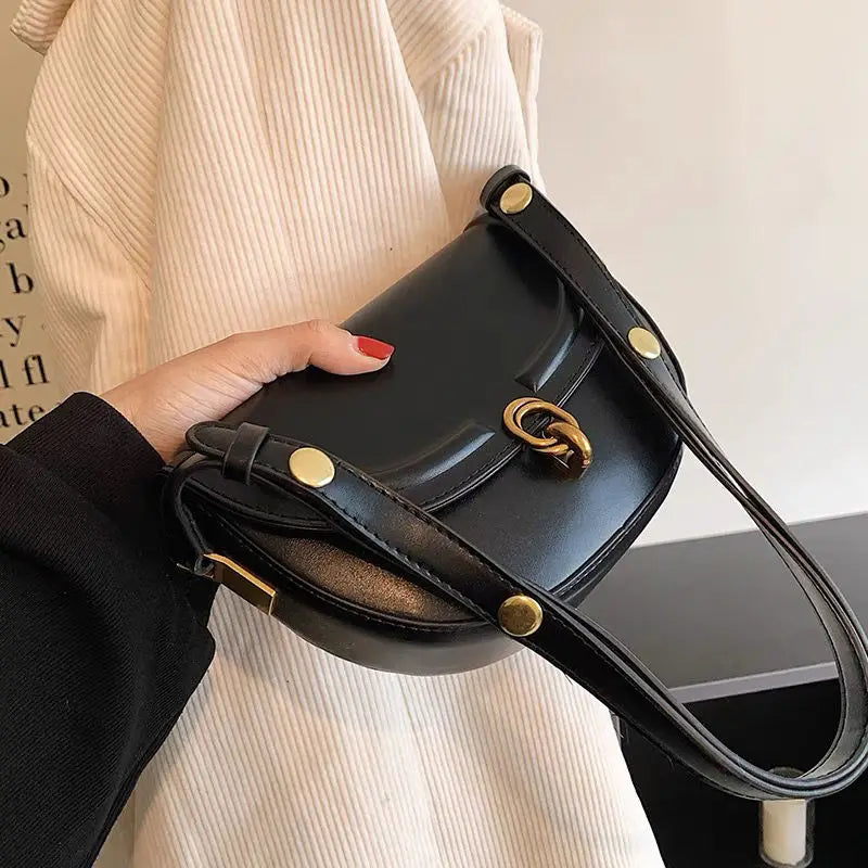 Brown Metal Buckle Shoulder Bag with Adjustable Strap