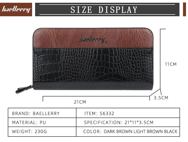 Crocodile Pattern Clutch Wallet PU Leather Zipper Business Purses