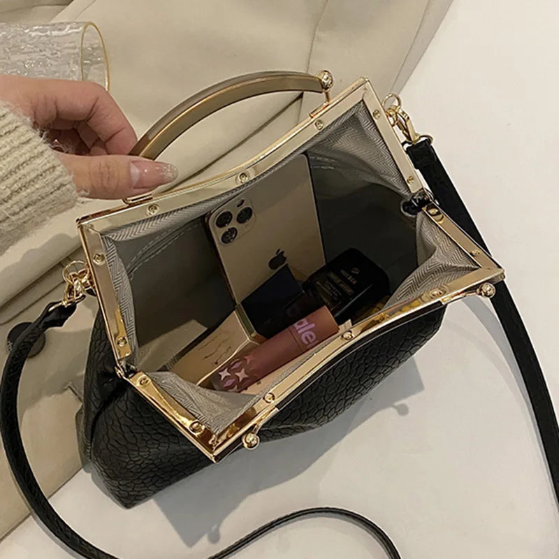 Pleated Shell Evening Clutch with Metal Handle Chain