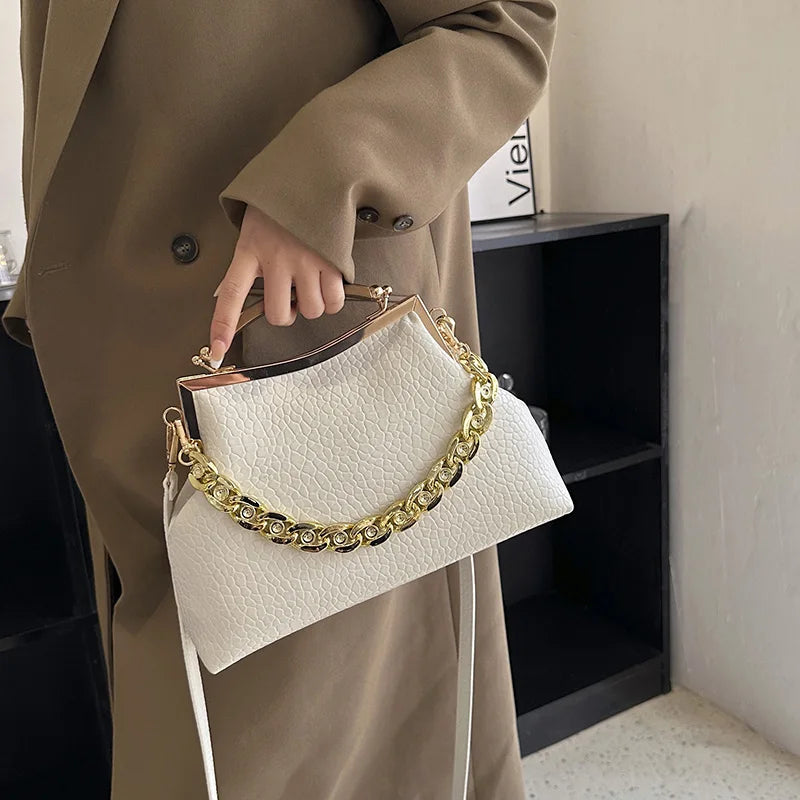 Pleated Shell Evening Clutch with Metal Handle Chain