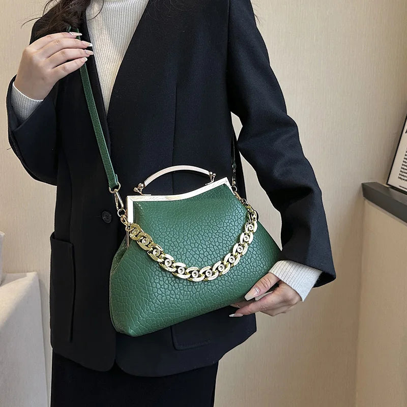 Pleated Shell Evening Clutch with Metal Handle Chain