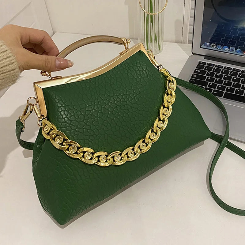 Pleated Shell Evening Clutch with Metal Handle Chain