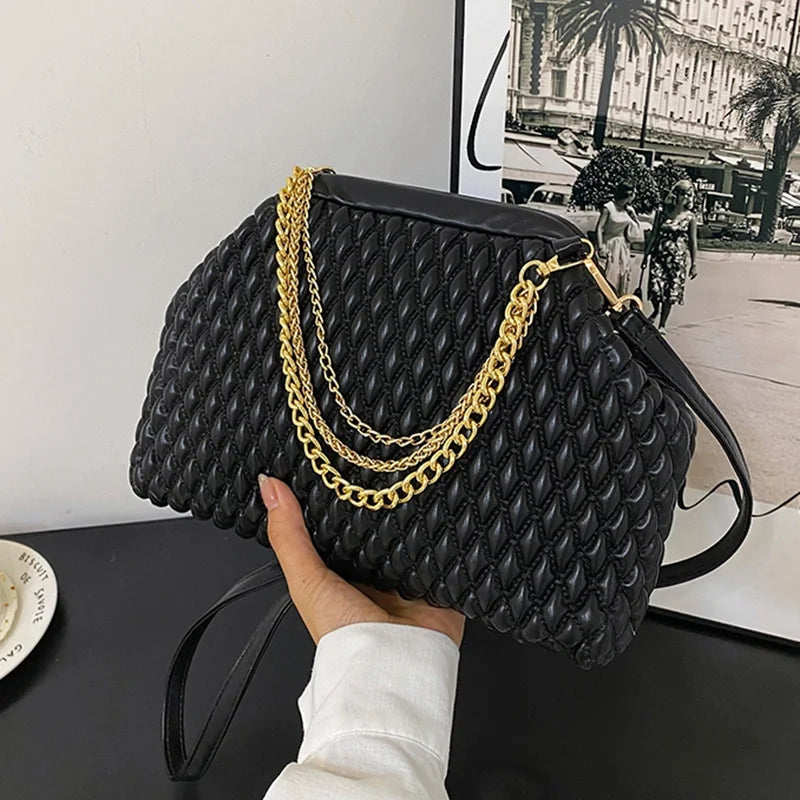 Women PU Leather Shell Clip Prom Clutch Chain Shoulder Bag Brown