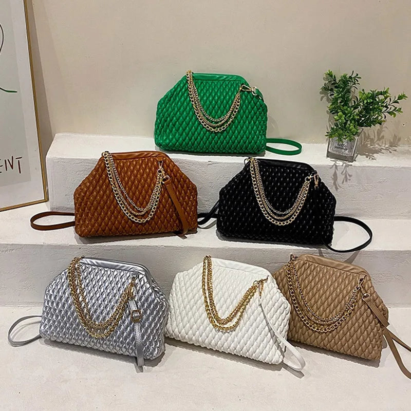 Women PU Leather Shell Clip Prom Clutch Chain Shoulder Bag Brown