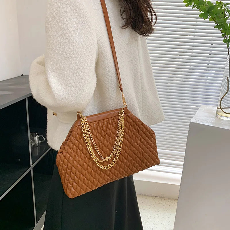 Women PU Leather Shell Clip Prom Clutch Chain Shoulder Bag Brown