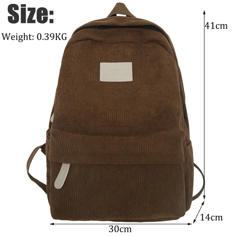 Corduroy College School Backpack Laptop Bag Retro Travel Leisure Book Bag
