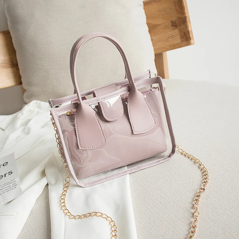 Women Solid Crossbody Handbag PVC PU Leather Zipper Bag Chain Shoulder Purse