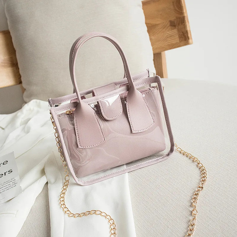 Women Solid Crossbody Handbag PVC PU Leather Zipper Bag Chain Shoulder Purse