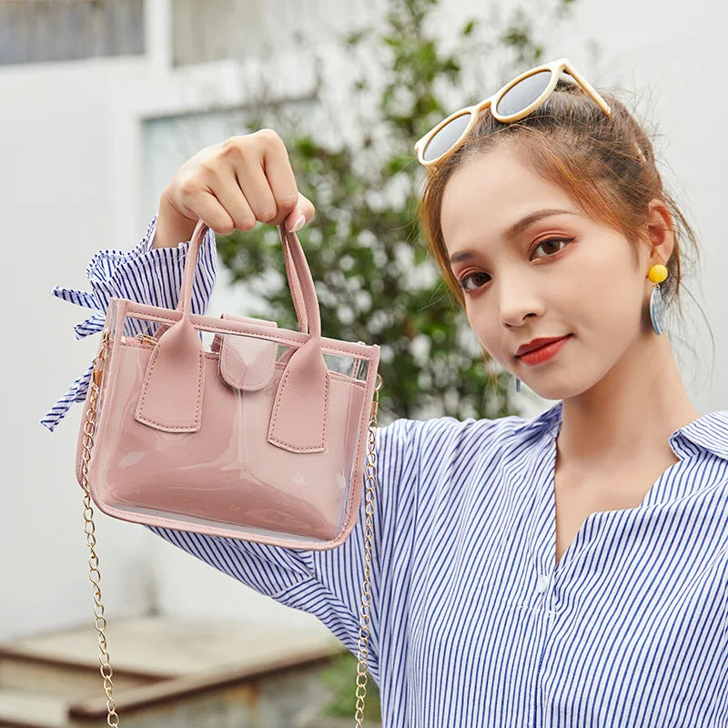 Women Solid Crossbody Handbag PVC PU Leather Zipper Bag Chain Shoulder Purse