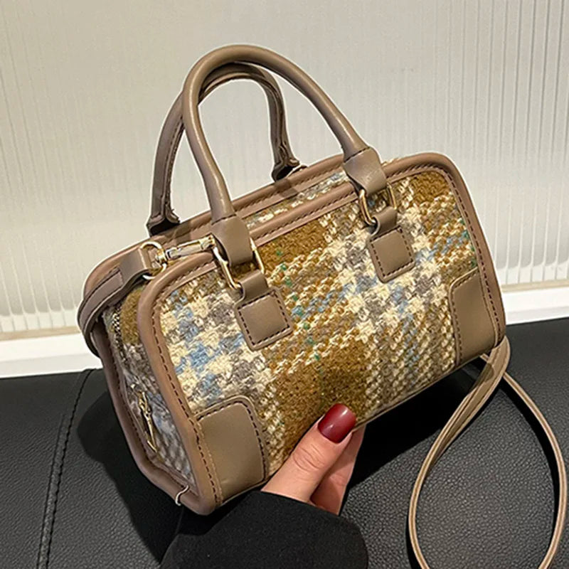 Plaid Wool Crossbody Bag Houndstooth Shoulder Handbag