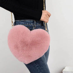 Heart Shaped Faux Fur Crossbody Wallet Purse Chain Shoulder Bag