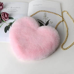 Heart Shaped Faux Fur Crossbody Wallet Purse Chain Shoulder Bag