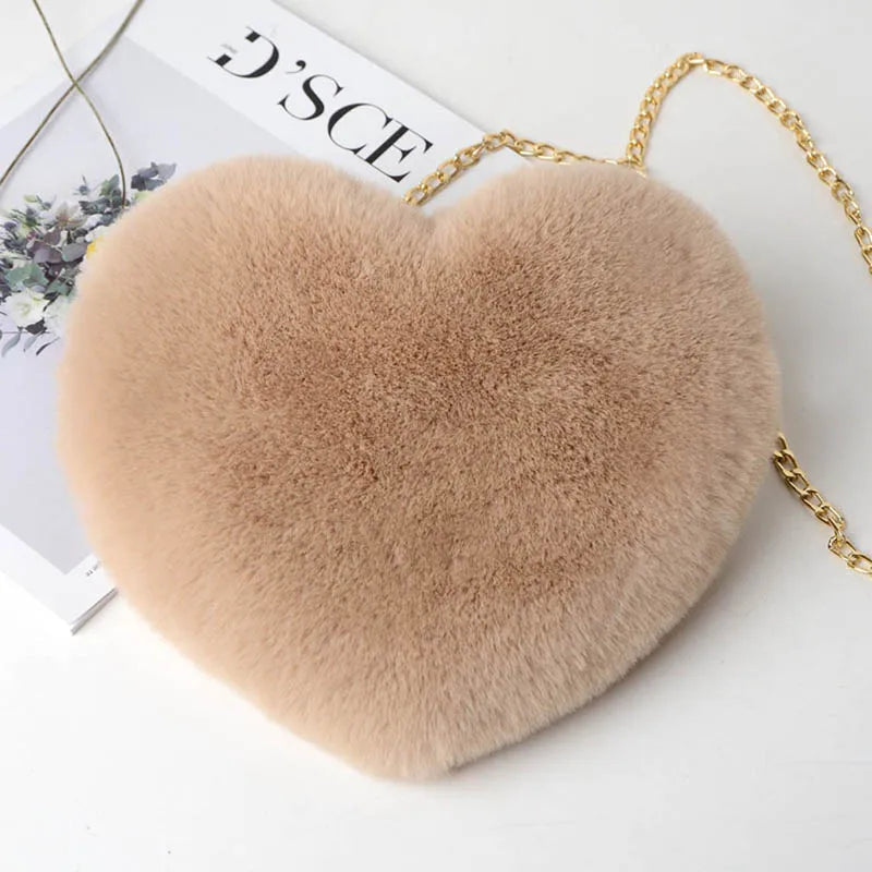 Heart Shaped Faux Fur Crossbody Wallet Purse Chain Shoulder Bag