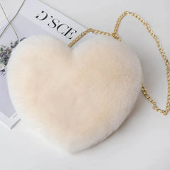 Heart Shaped Faux Fur Crossbody Wallet Purse Chain Shoulder Bag