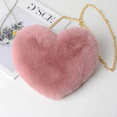 Heart Shaped Faux Fur Crossbody Wallet Purse Chain Shoulder Bag