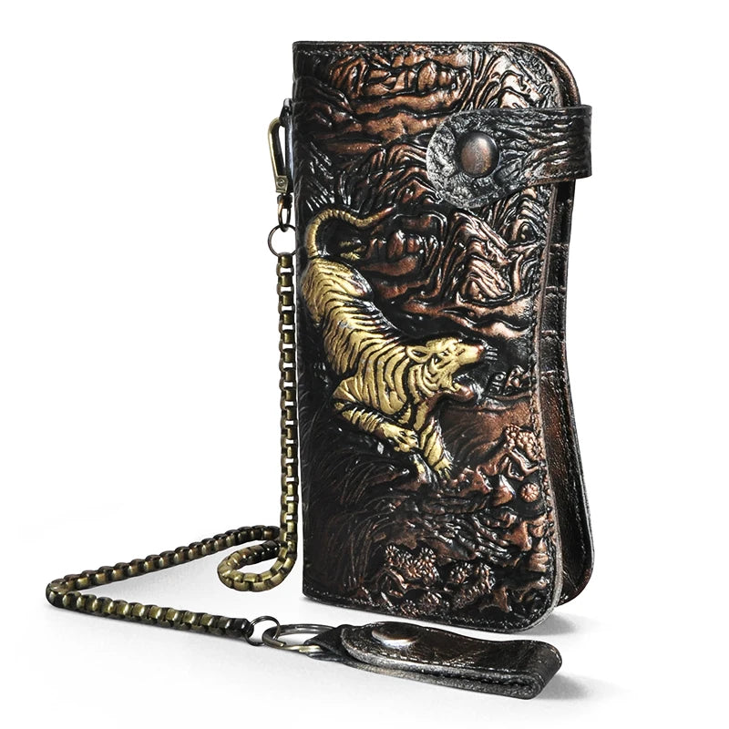 Men's Leather Dragon Emboss Checkbook Wallet with Chain
