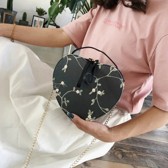 Heart Embroidery Shoulder Bag for Women, Peach Heart Design