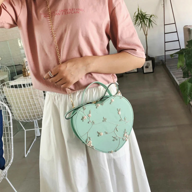 Heart Embroidery Shoulder Bag for Women, Peach Heart Design
