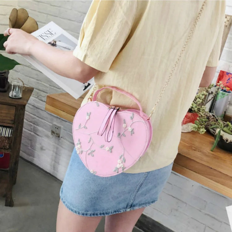 Heart Embroidery Shoulder Bag for Women, Peach Heart Design