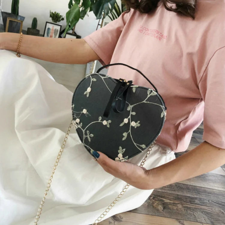 Heart Embroidery Shoulder Bag for Women, Peach Heart Design