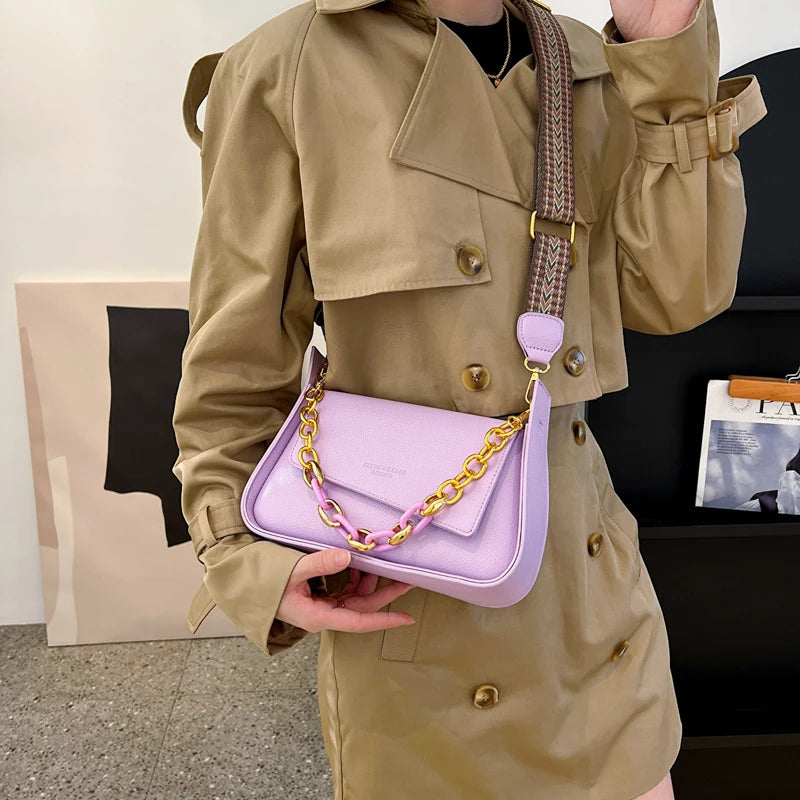 Purple Women's Shoulder Bag Handbag Wide Strap Crossbody Bag