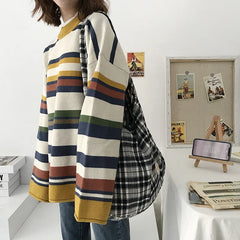 Plaid Women Shoulder Bag Soft Cloth Fabric Handbag Large Capacity Tote Canvas Ba
