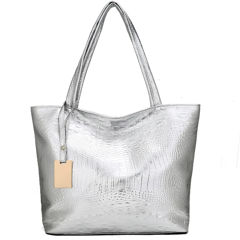 Silver Crocodile Shoulder Bag, PU Leather Tote for Women