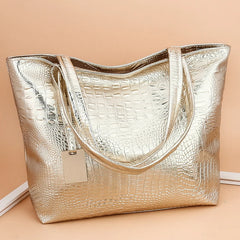 Silver Crocodile Shoulder Bag, PU Leather Tote for Women