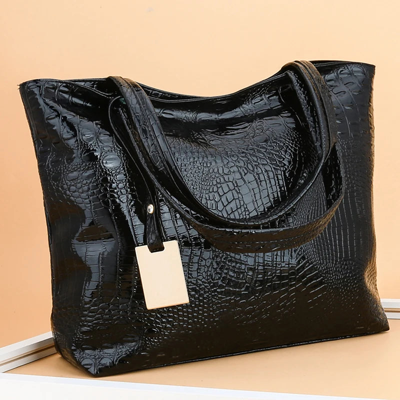 Silver Crocodile Shoulder Bag, PU Leather Tote for Women