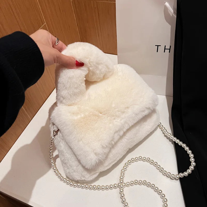 Hourglass Faux Fur Sherpa Bag Crossbody Chain Small Handbag Pink