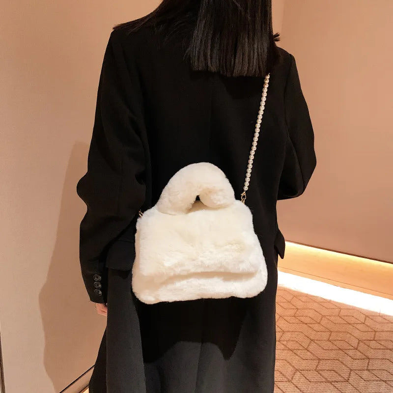 Hourglass Faux Fur Sherpa Bag Crossbody Chain Small Handbag Pink