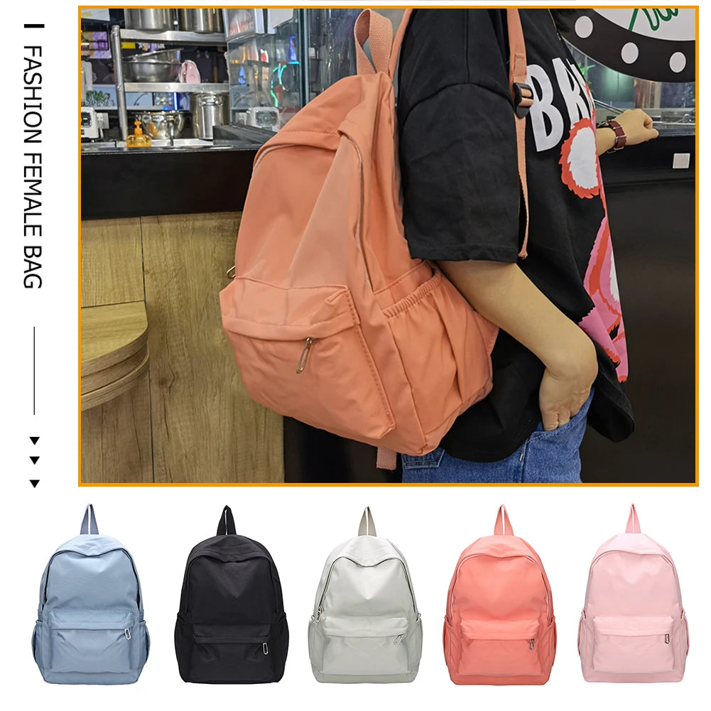 Women Nylon Backpack Preppy Style Solid Large Handbags School