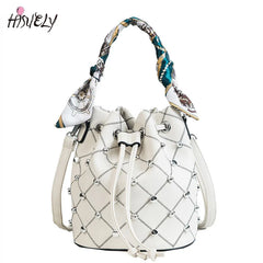 Vintage Leather Handbag Drawstring Silk Ribbon Bucket Shoulder Bag