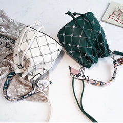 Vintage Leather Handbag Drawstring Silk Ribbon Bucket Shoulder Bag