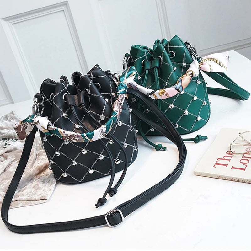 Vintage Leather Handbag Drawstring Silk Ribbon Bucket Shoulder Bag